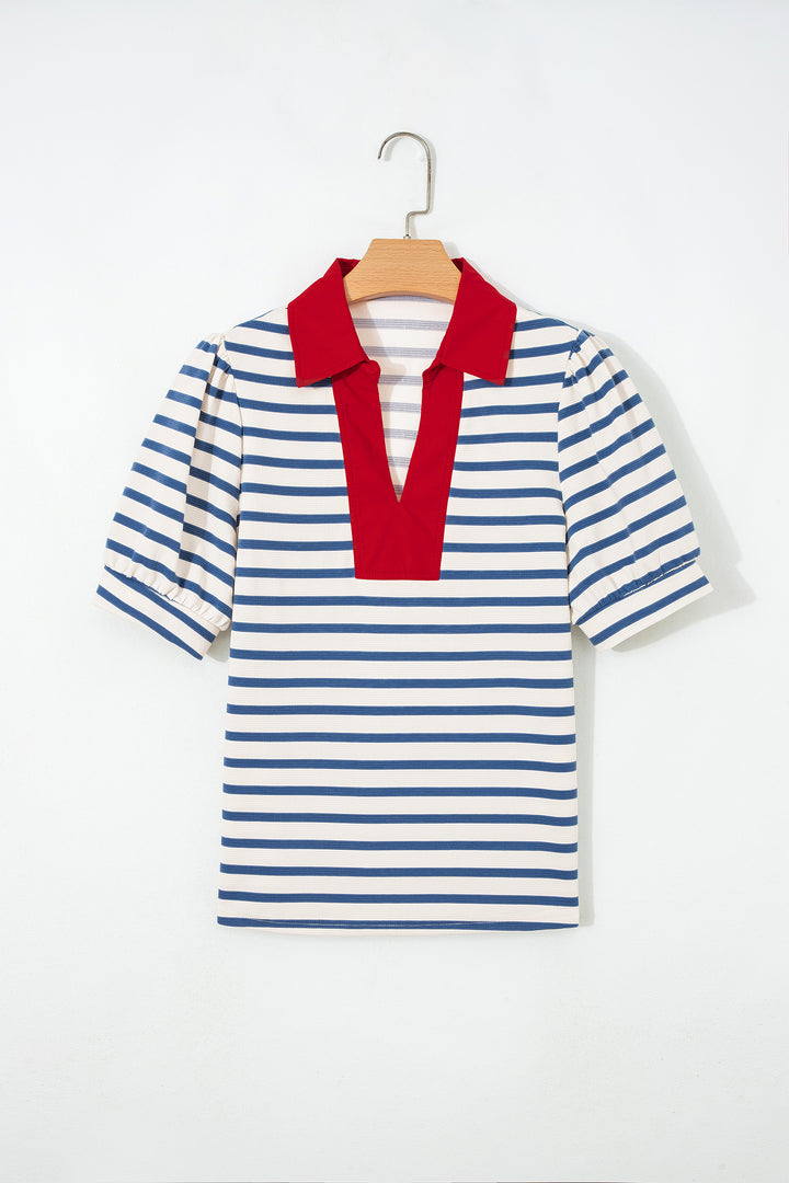 Blue Stripe Short Puff Sleeve Color Block Polo Collar Blouse