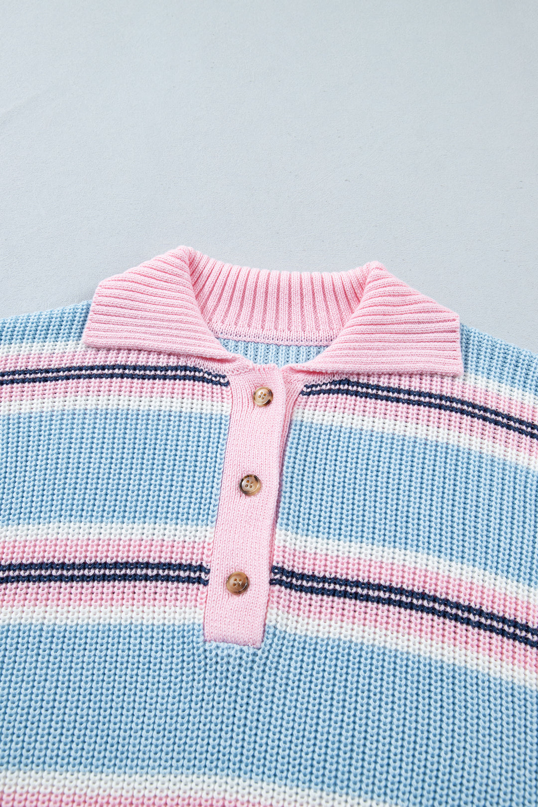 Sky Blue Stripe Button Collar Long Sleeve Shift Fit Winter Knitwear Sweater