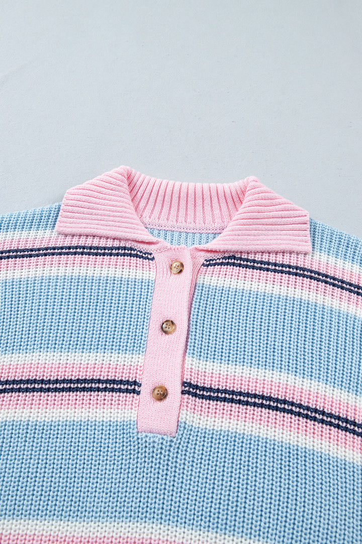 Sky Blue Stripe Button Collar Long Sleeve Shift Fit Winter Knitwear Sweater