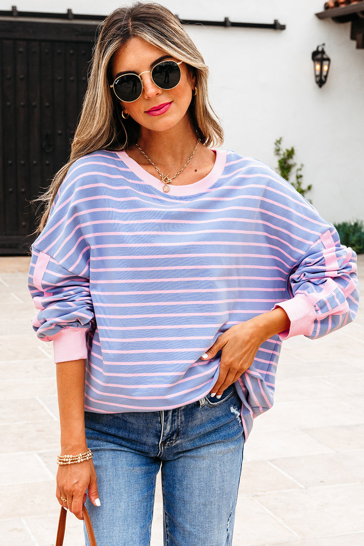 Sky Blue Stripe Oversize Contrast Trim Cotton Casual Top