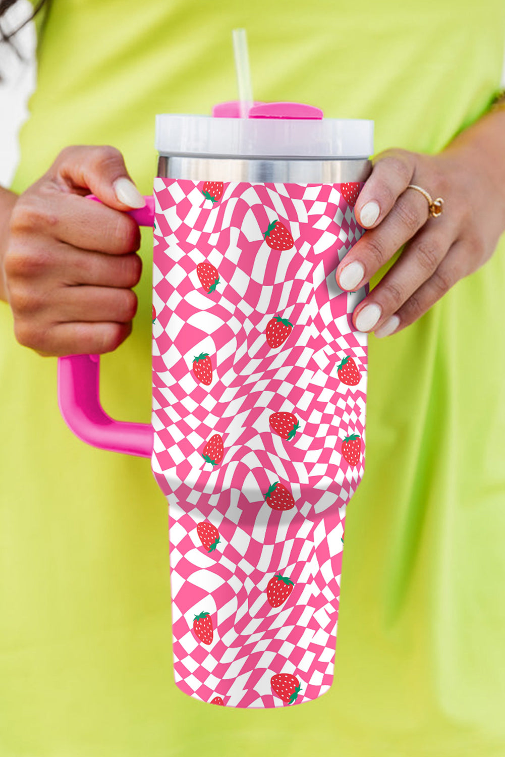 Strawberry Checkered Print Handled Tumbler 40oz