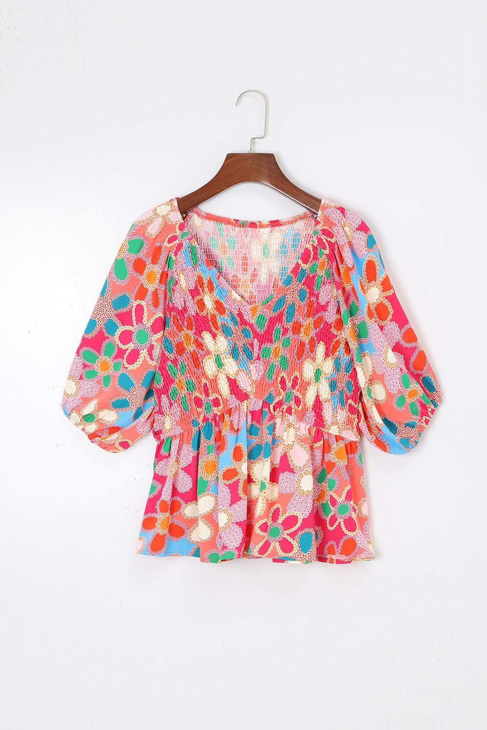 Boho Flower Print Puff Sleeve Peplum Top