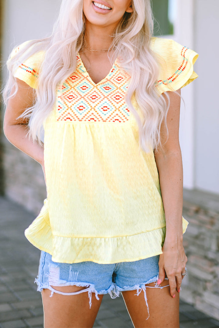 Yellow Geometric Embroidery Textured Top with Ruffles
