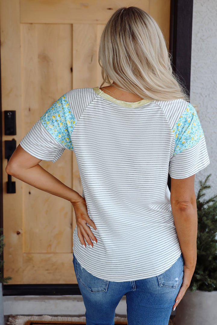Floral Insert Sleeves Contrast Round Neck Tee