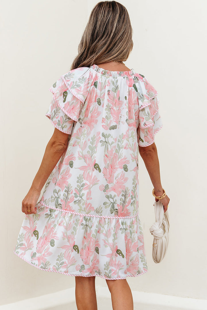 floral contrast edge layered short sleeve mini dress