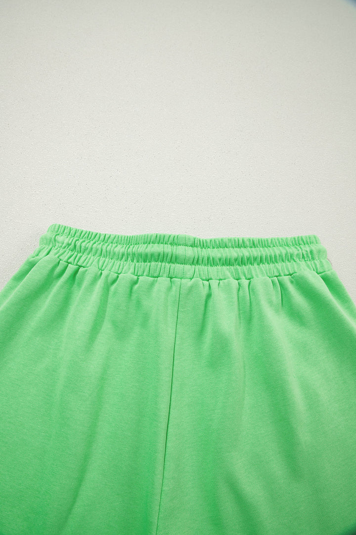 Green Solid Color Puffy Loose Top Drawstring Shorts 2pcs Outfit