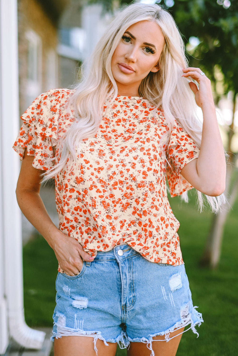 Orange Floral Tiered Flutter Sleeve Blouse