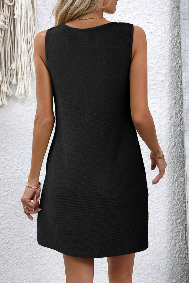 Black Solid Color Textured Lace Hollowed Detail Sleeveless Mini Dress