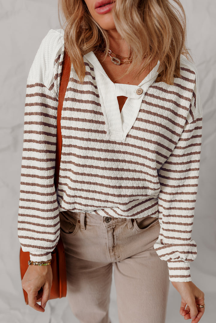 Textured Hooded V Neck Casual Long Sleeve Top