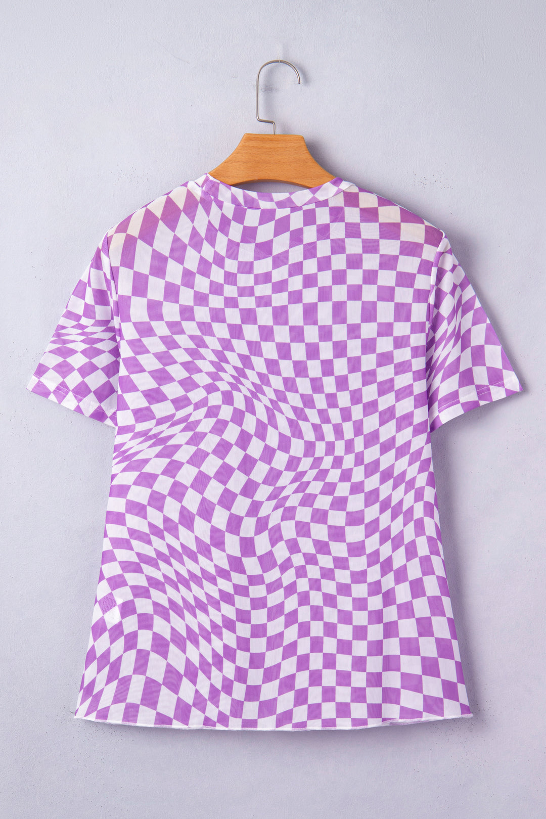 Checkered Print Crew Neck Mesh T Shirt
