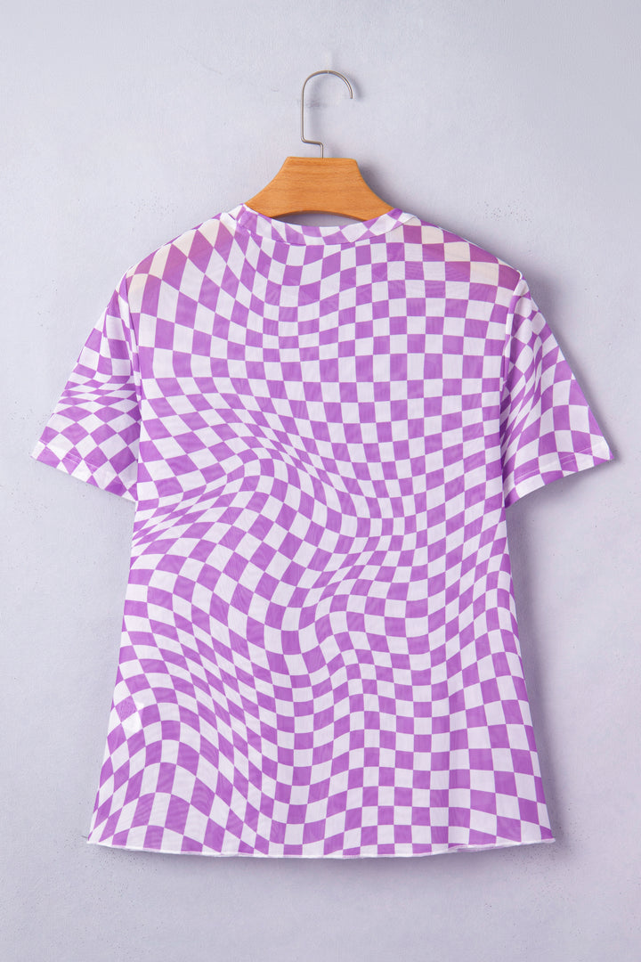 Checkered Print Crew Neck Mesh T Shirt