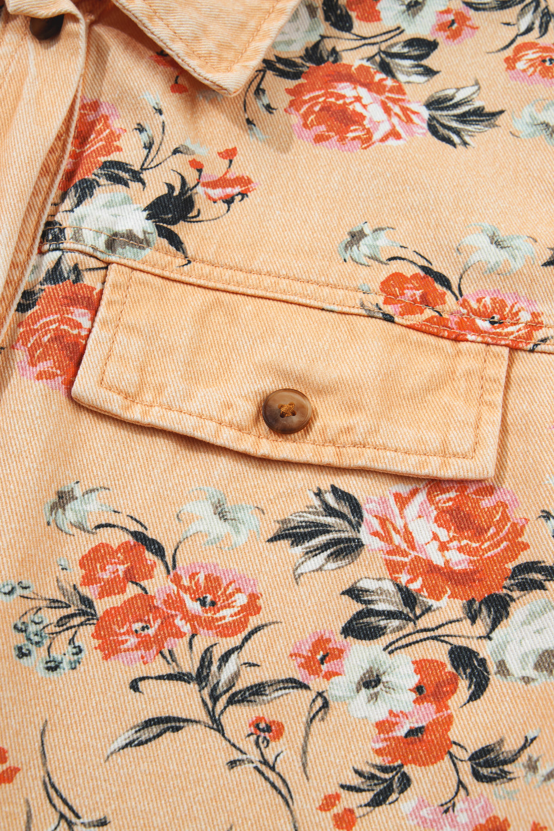 Khaki Floral Print Denim Jacket Shift Silhouette Tunic Length Casual Daily Wear