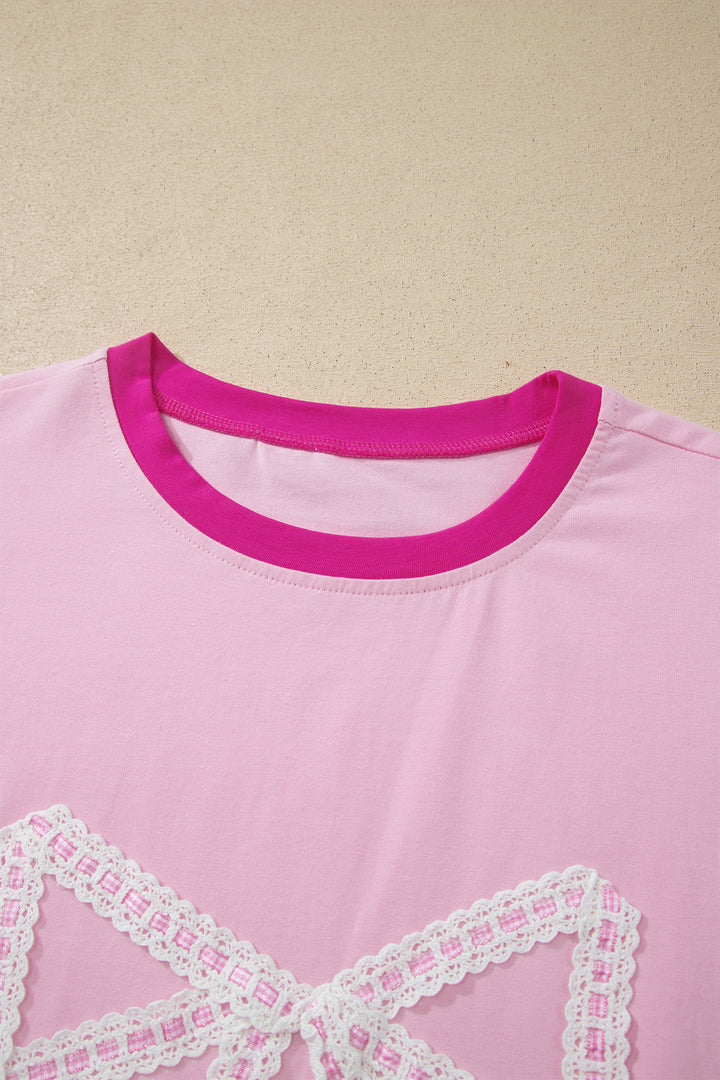 Gossamer Pink Embroidered Bow Detail Color Block Loose Tee