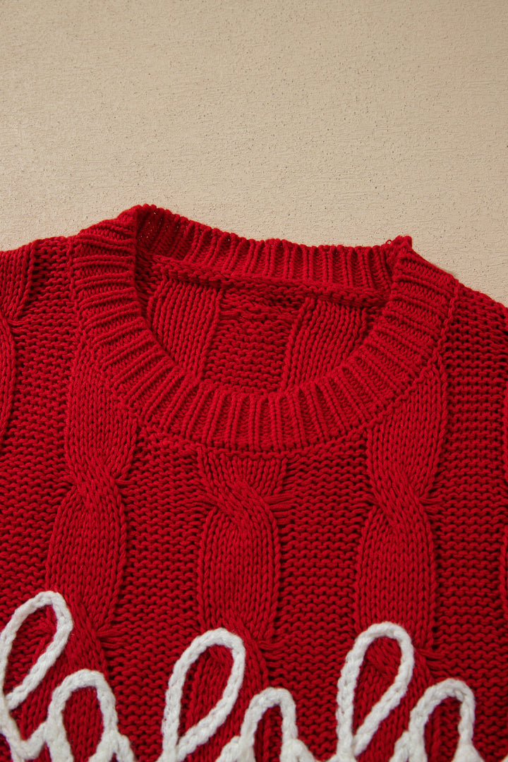 Fiery Red Falala Cable Knit Christmas Dropped Shoulder Pullover Sweater