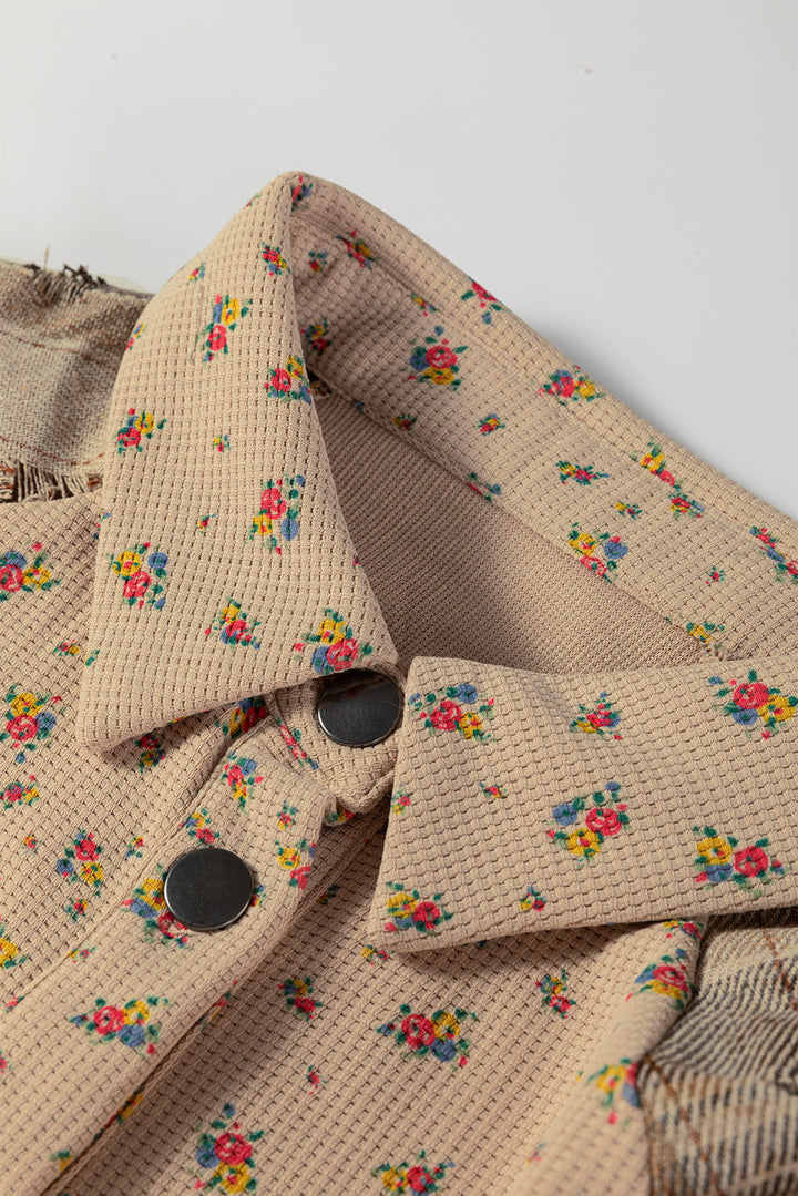 Oatmeal Boho Floral Plaid Patchwork Ruffled Sleeve Waffle Knit Shacket
