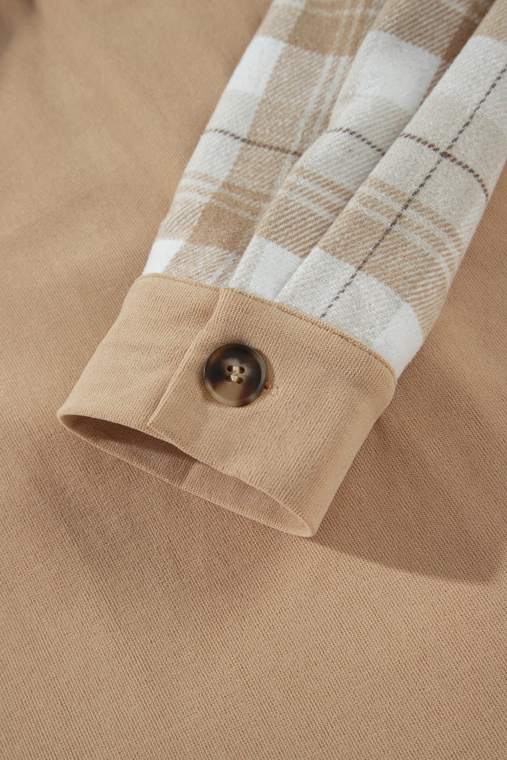 Light French Beige Plaid Colorblock Shirt Collar Shift Shacket