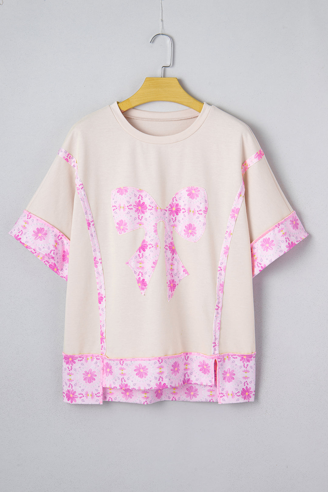 Apricot Daisy Floral Bow Contrast Patchwork Loose T Shirt