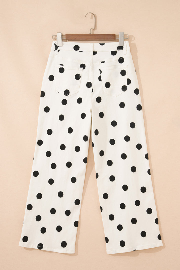 White Polka Dot Print Wide Leg Ankle-Length Jeans