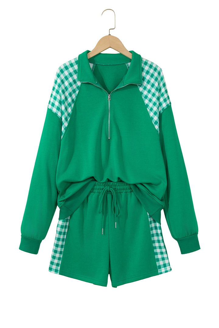 Bright Green Plaid Patchwork Half Zip Pullover Drawstring Short Set