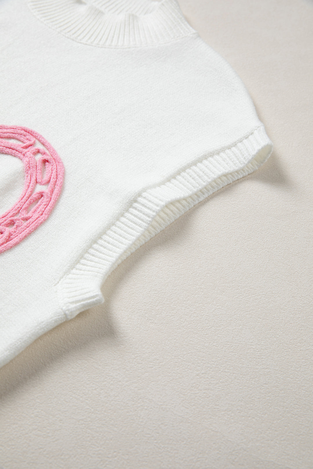 White Corded Horseshoes Ribbed Trim Mock Neck Short Sleeve Sweater