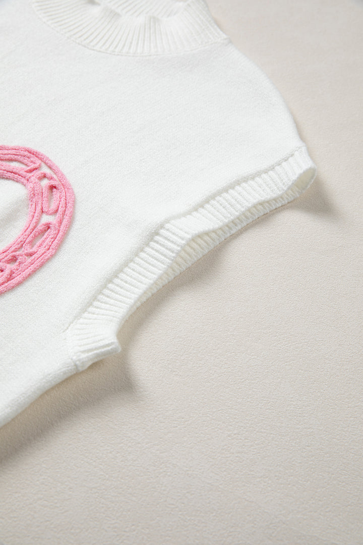 White Corded Horseshoes Ribbed Trim Mock Neck Short Sleeve Sweater