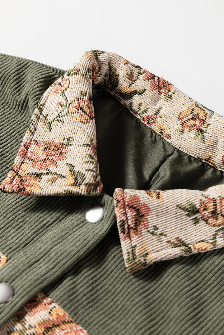 Green Ribbed Retro Floral Patchwork Shirt Style Jacket