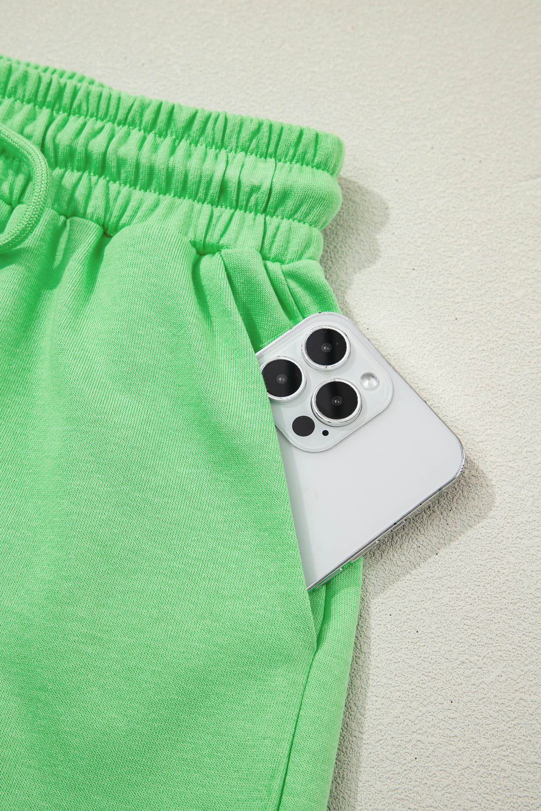 Green Solid Color Puffy Loose Top Drawstring Shorts 2pcs Outfit