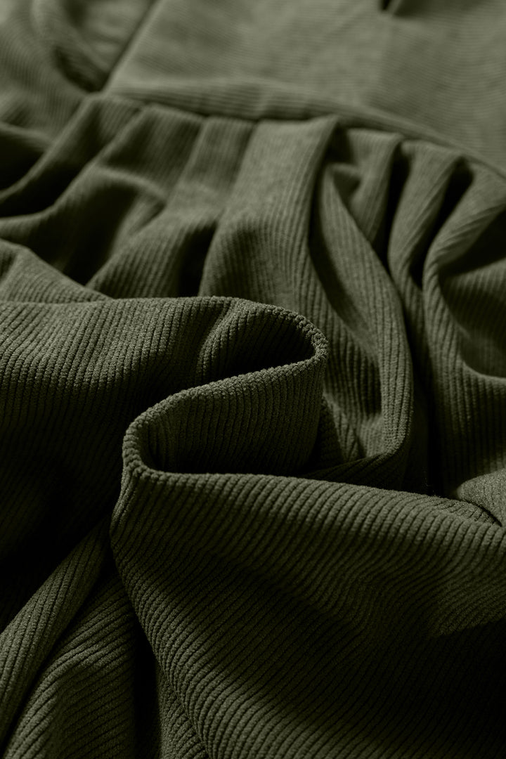 Bracelet Sleeve Split Neck Scallop Detail Pleated Corduroy Mini Dress
