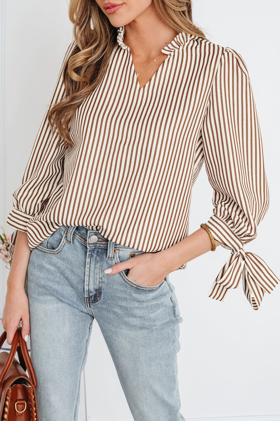 Striped Print Tied Cuffs Split Neck Seersucker Blouse