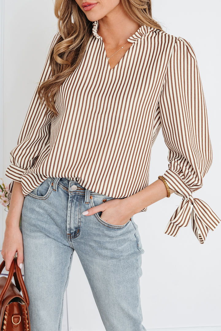 Striped Print Tied Cuffs Split Neck Seersucker Blouse