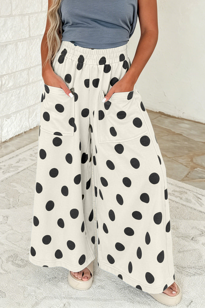Beige Polka Dot Wide Leg Elastic Waist Casual Pants