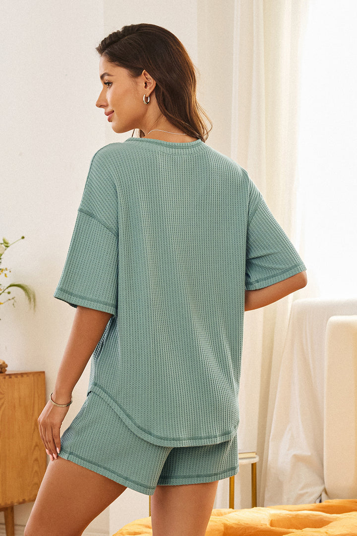 Green Solid Color Waffled V Neck Loose Tee Drawstring Shorts Set
