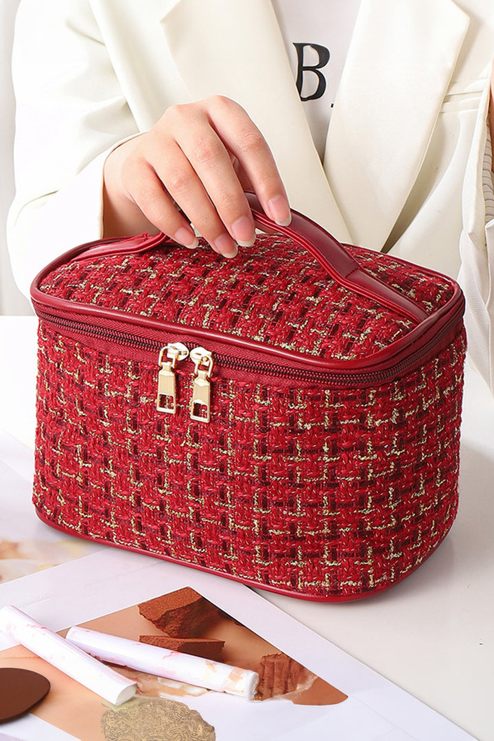 Plaid Zipper Large Cosmetic Bag with Handle