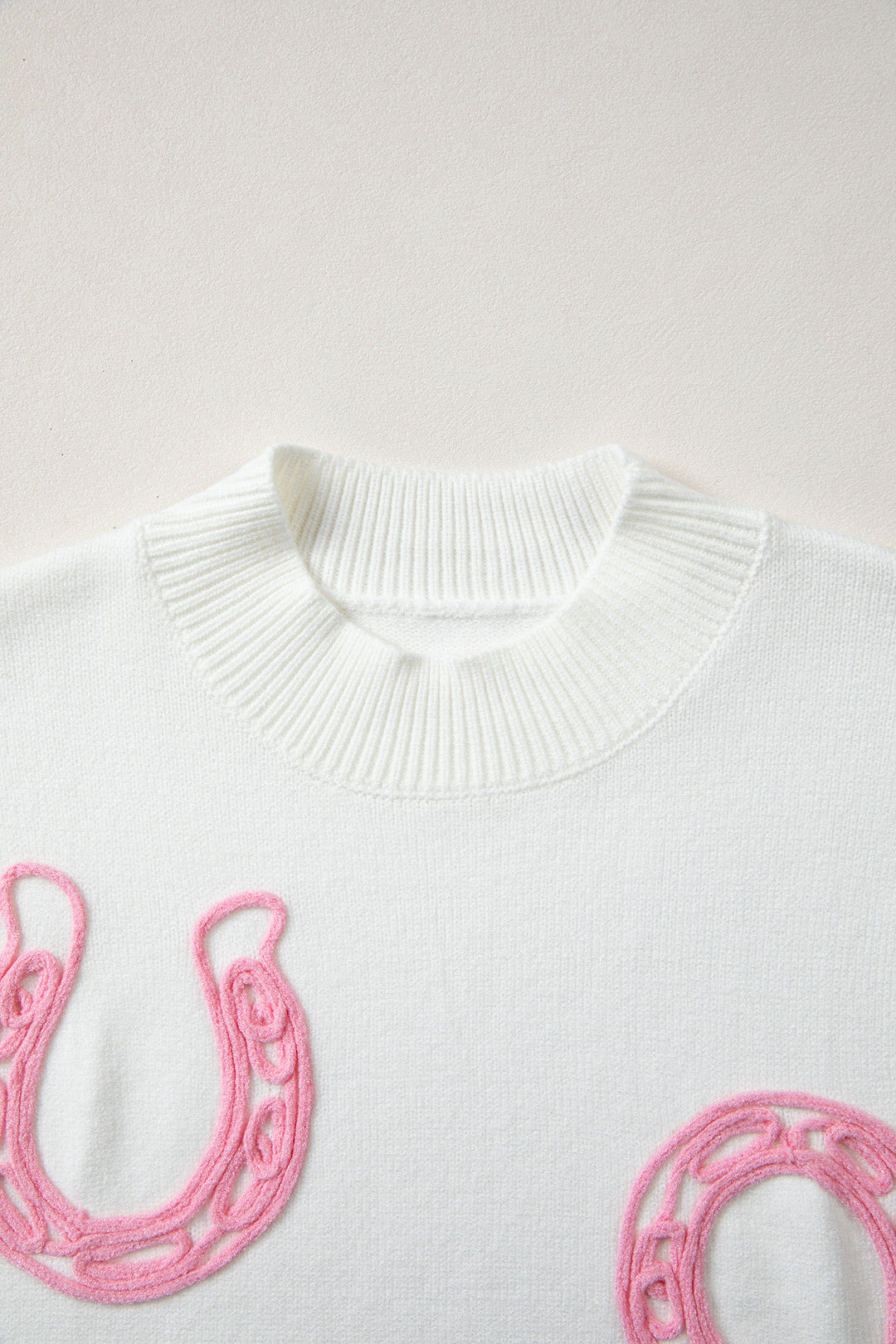 White Corded Horseshoes Ribbed Trim Mock Neck Short Sleeve Sweater