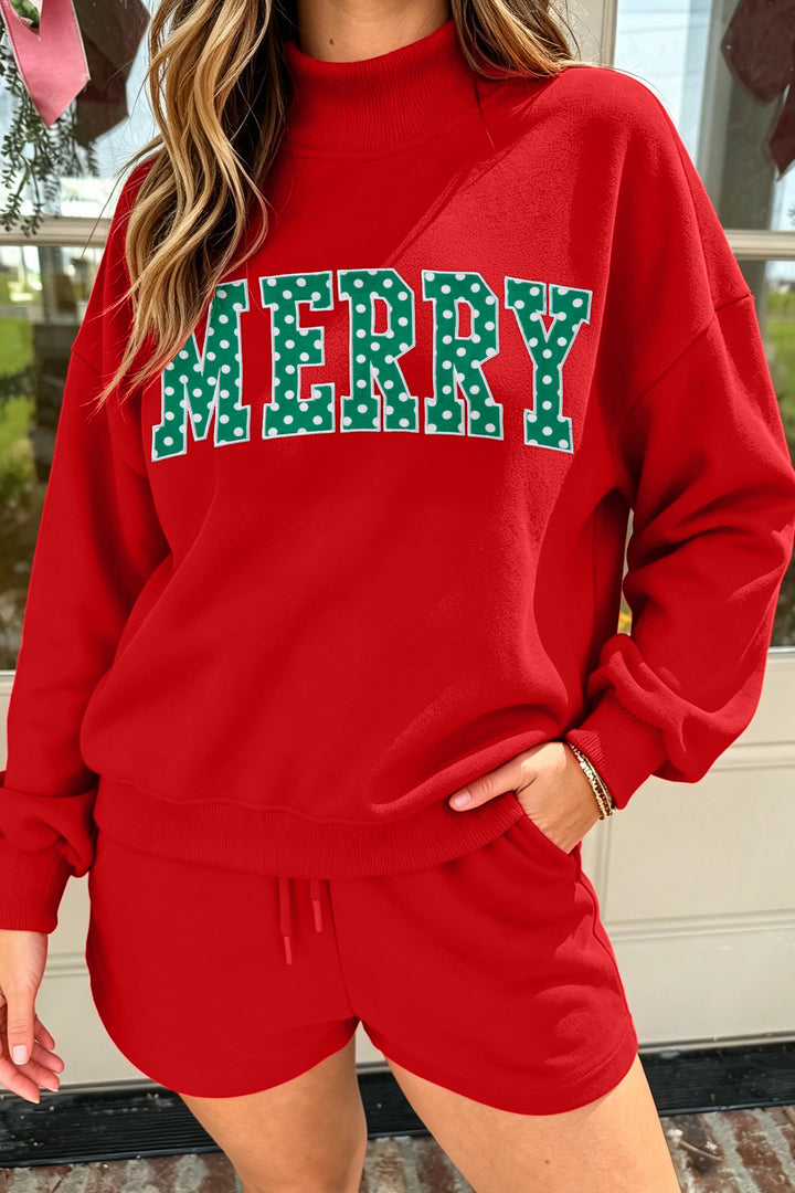 Red Christian Slogan Print Mock Neck Pullover and Shorts Set