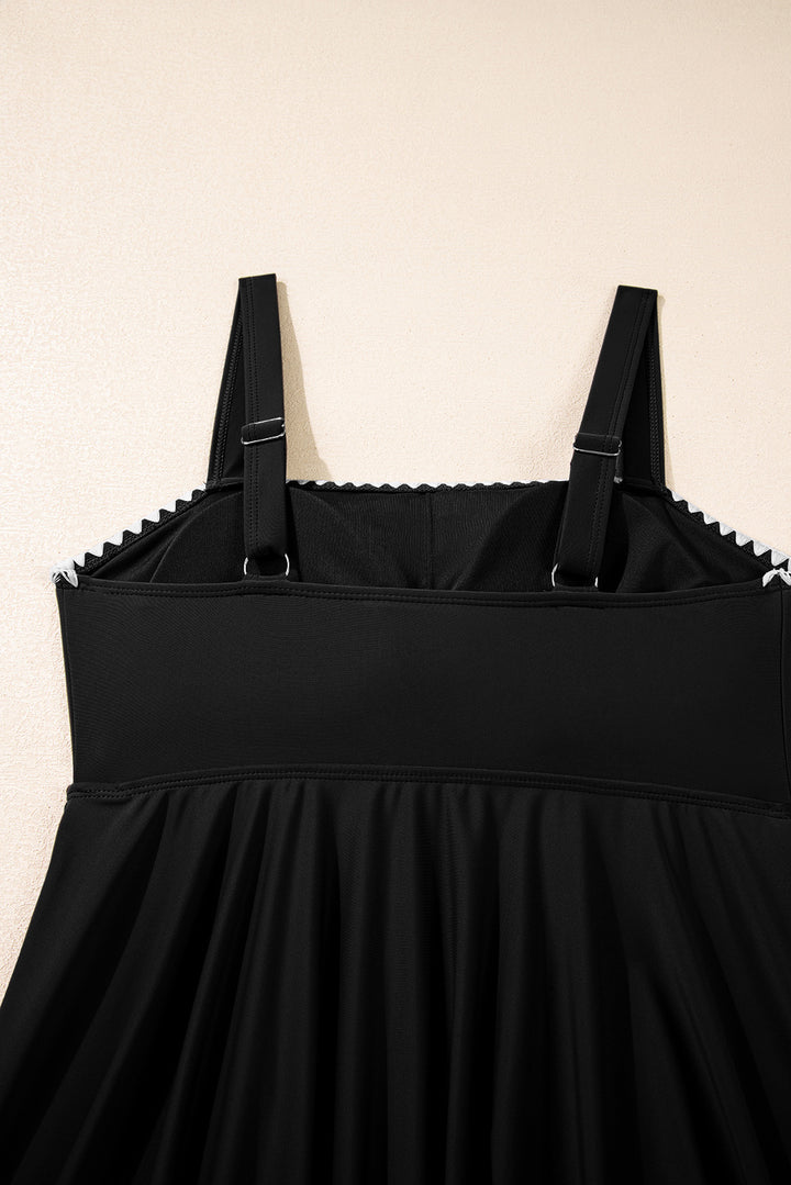 Black Spaghetti Straps Contrasted Ricrac Trim Flared Tankini 2pcs Swimsuit