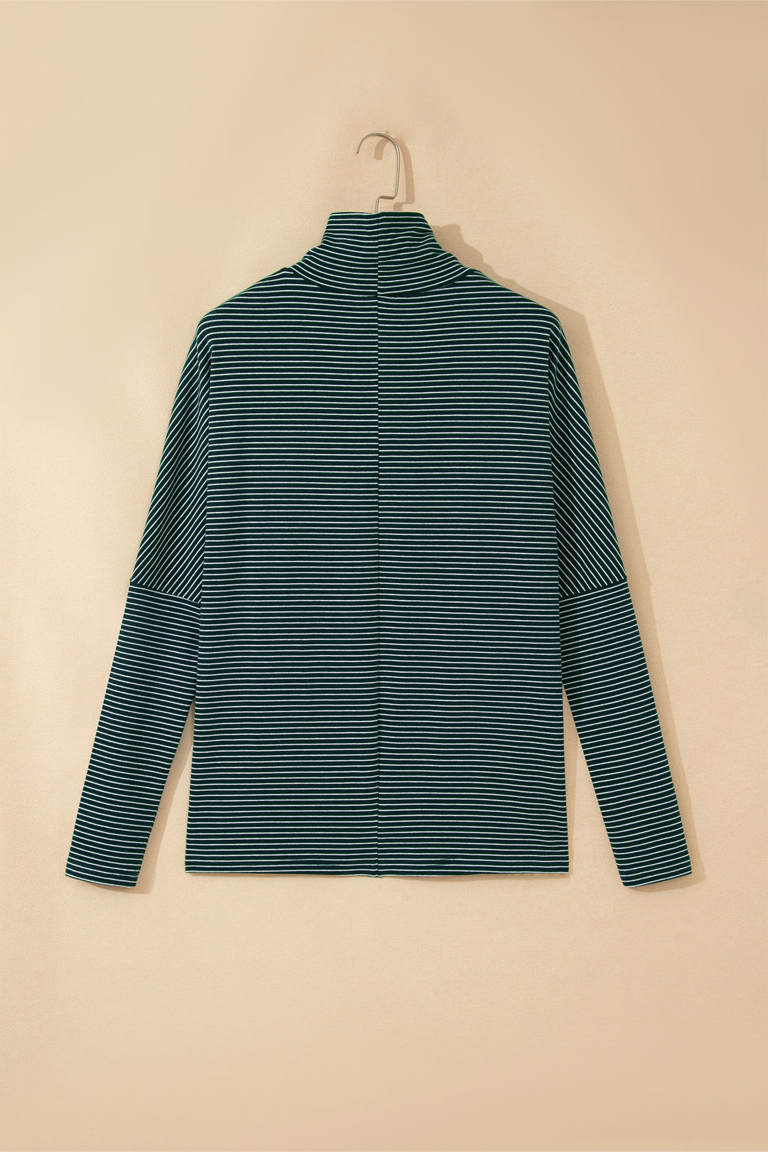 Green Stripe High Neck Dropped Shoulder Long Sleeve Casual Top