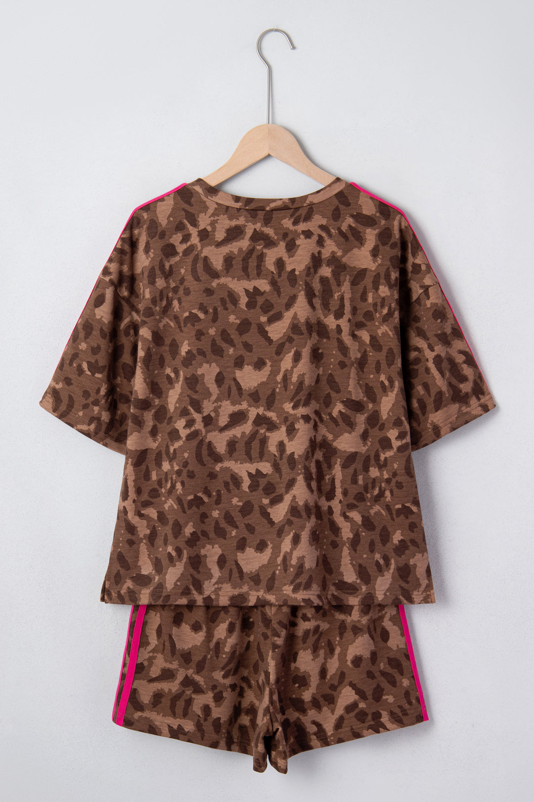 Brown Contrast Striped Accent Leopard Short Set
