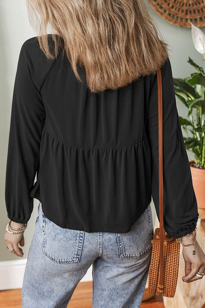 Smocked Bust Buttoned Split V Neck Flow Fit Blouse
