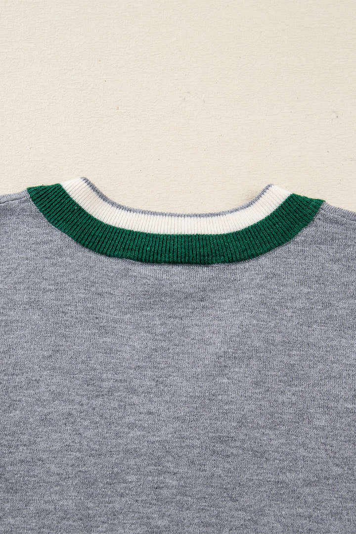 Contrast Striped Trim V Neck Varsity Sweater