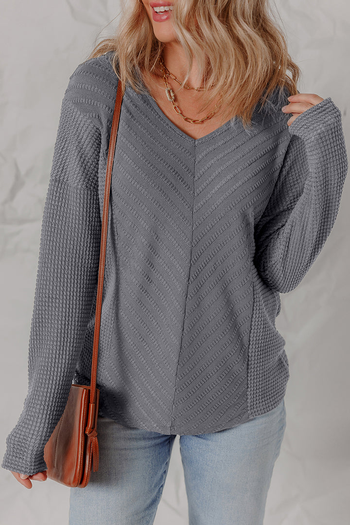 V Neck Chevron Texture Patchwork Long Sleeve Knit Top