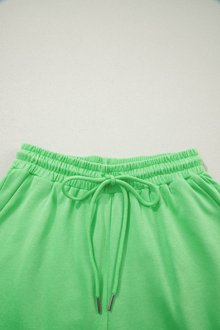 Green Solid Color Puffy Loose Top Drawstring Shorts 2pcs Outfit