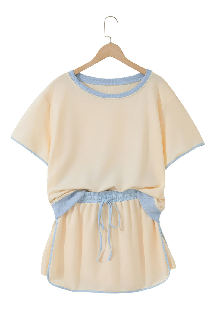 Apricot Colorblock Edge Drop Shoulder T Shirt and Skort 2Pcs Set