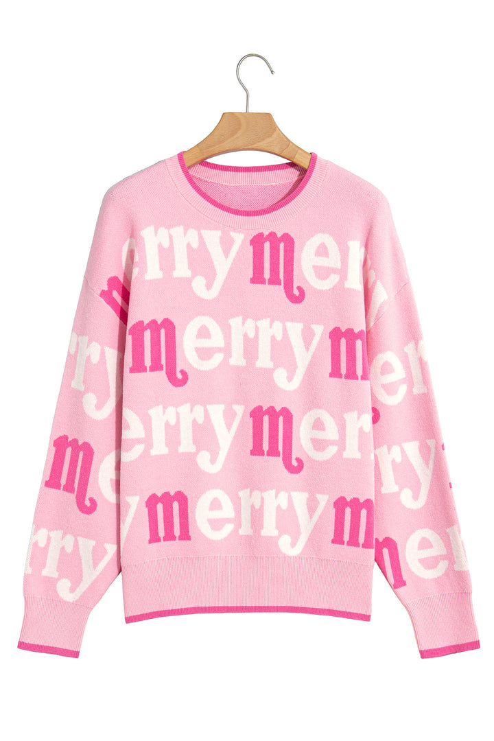 Pink All Over Merry Me Graphic Round Neck Knit Sweater