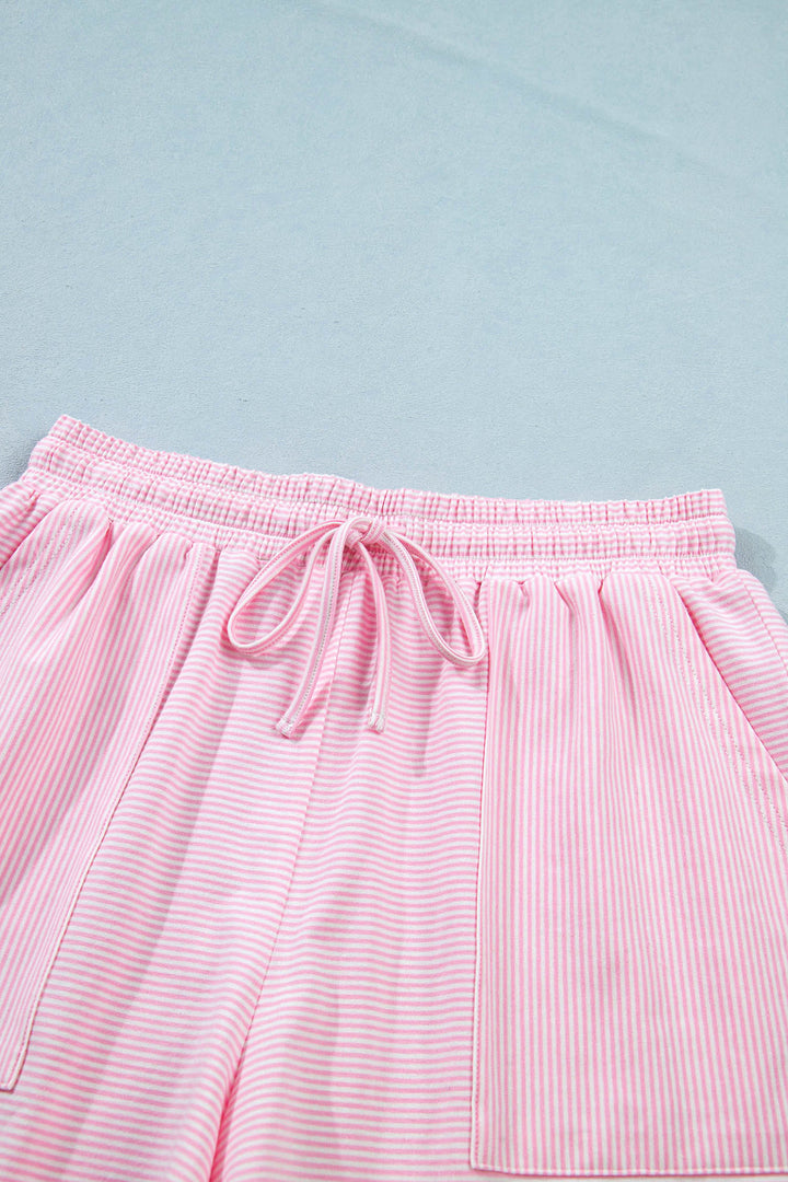 Pink Stripe Matching Oversized Tee and Drawstring Shorts Set