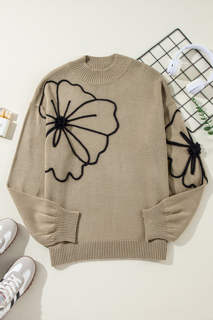 Plus Size Big Flower Pattern High Neck Drop Shoulder Sweater