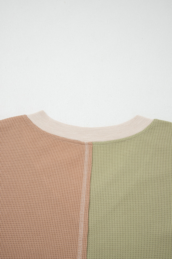 Green Plus Mixed Texture Color Block Patchwork V Neck Long Sleeve Top