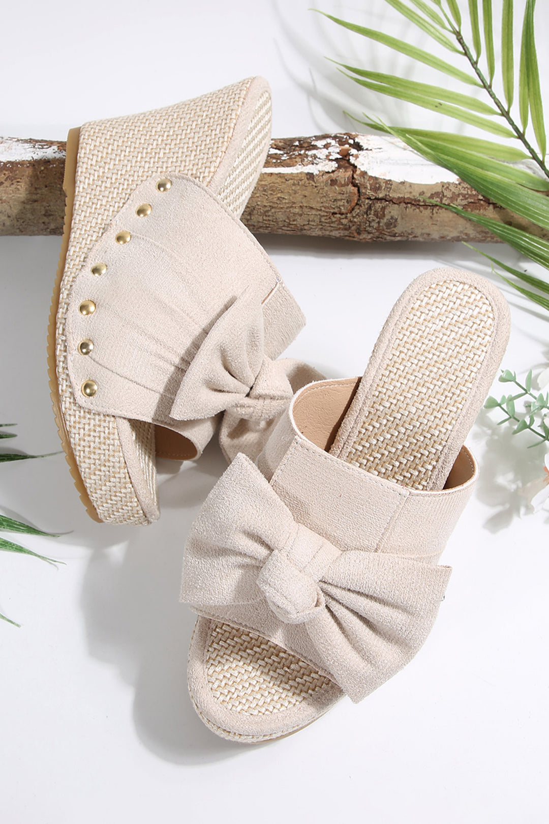 Cute Bow Knot Studded Wedge Platform Slippers
