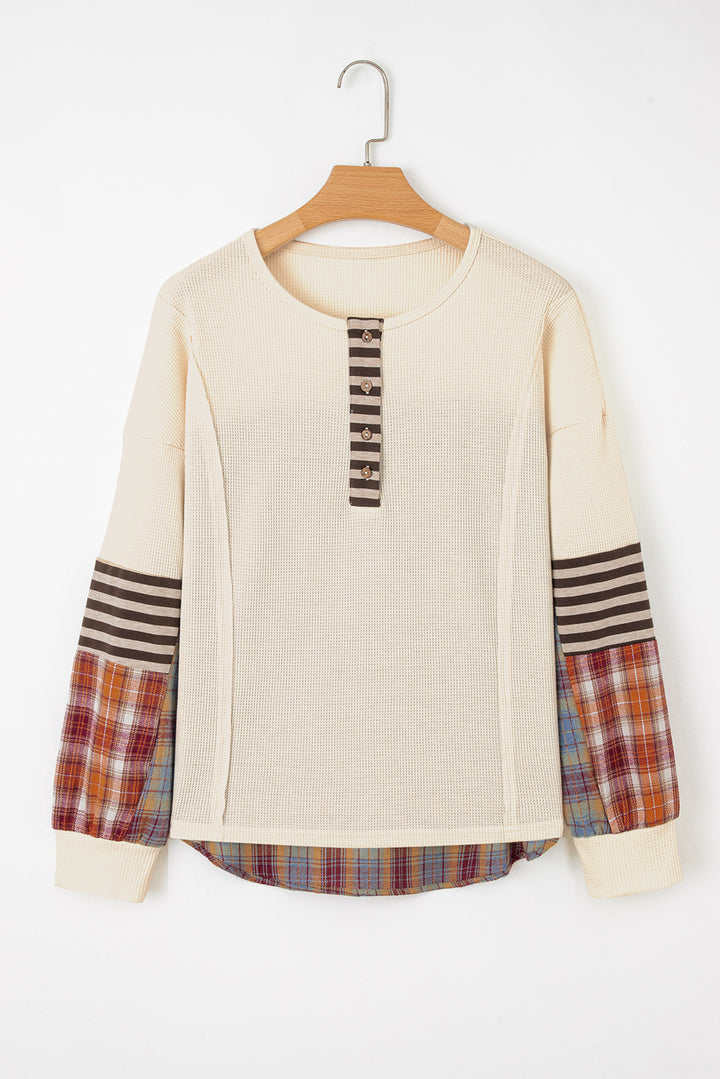 Waffle Stripe Plaid Patchwork Henley Knit Top