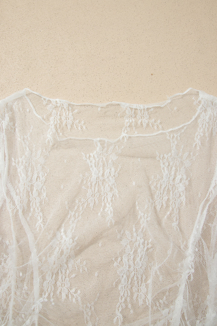 White Exposed Seam Ruched Sheer Floral Mesh Top